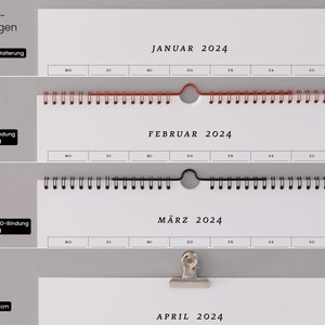 Monatskalender 2024 "Serif" mit allen möglichen Bindungsarten auf einen Blick