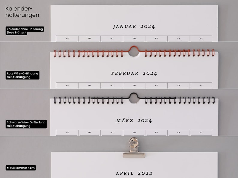 Monatskalender 2024 "Serif" mit allen möglichen Bindungsarten auf einen Blick