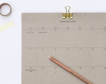 Recycled Paper Wall Calendar 2017/2018 | Medium Calendar | Recycled Paper | Portait format | Gift for her | Gift when moving | gift for him