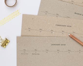 Recycled Paper Calendar 2017/2018 | Medium Calendar | Recycled Paper | Portait format | Gift for her | Gift when moving | gift for him
