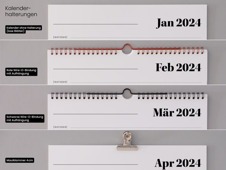 Monatskalender 2024 "Block" mit allen möglichen Bindungsarten auf einen Blick