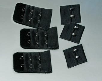 Bra Closure, Hook and Eyes, 2 rows, 3 Pair, (3 sets) sew-in Black color, Lingerie supplies.