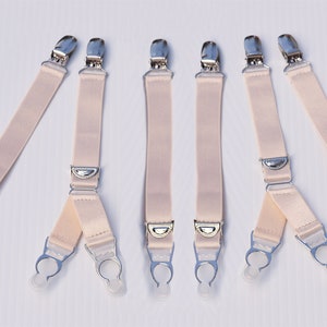 Detachable garters Y shape and i shape with stockings clips, Set of 6, 4 or 2 Garters, Satin elastic adjustable garters, sand color.