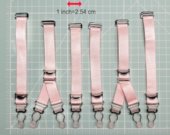 Detachable garters Y shape and i shape with stockings clips, Set of 6, 4 or 2 Garters, Satin elastic adjustable garters, Pink color.