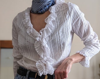 White Ruffle Collar Blouse, Elegant Button Down Shirt for Women