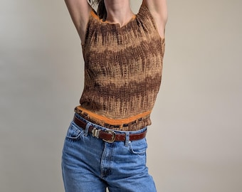 Pleated Textured Sleeveless, Brown Stretchy Y2K Minimal Top, Size S-M-L