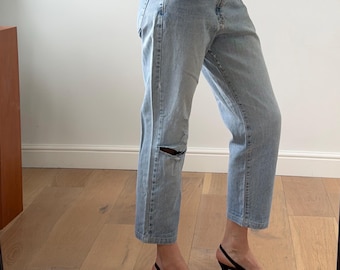 Calvin Klein vintage jeans gewassen blauw gescheurde denim, 90s cropped distressed CK-denim, W15 L26
