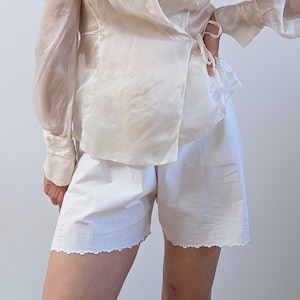 Antique French White Cotton Bloomers with Embroidery & Scalloped hem Lingerie Shorts