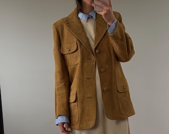 Tan Suede Leather Safari Blazer, Vintage Structured Jacket, Shoulder Pads, Unisex — UK 14 / EU 42 / US 10