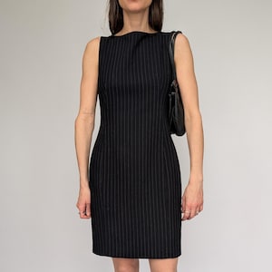 1990s Women&#39;s Black Pinstriped Dress Vintage