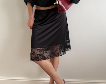 Vintage Black Nylon Slip Skirt, Lace Hem, Minimal Lingerie, Elastic Waist Midi, Size S-M-L