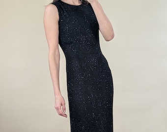 Black Beaded Silk Maxi Dress with Back Zip – Jaeger Vintage Hand-Embellished Evening Gown – Size M