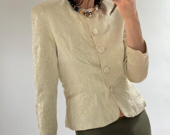 Vintage Brocade Blazer Women, Cream Ivory Paisley Collarless Jacket, UK 10–12 | EU 38–40 | US 8–10