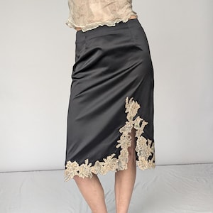 Women&#39;s Vintage Black Satin Skirt with Embroidered Lace Trim and Beaded Details