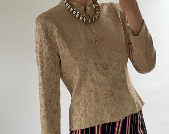 Mandarin Collar Gold Floral Jacquard Blazer Jacket, Vintage 90s, UK 14 / EU 42 / US 10