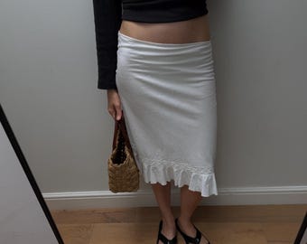 White Linen Cotton Slip Skirt, Ruffle Lace Hem Cottagecore Underskirt, Flowy Vintage Slip, UK 12 / EU 40 / US 8