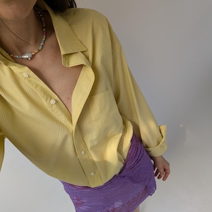 Vintage Yellow Striped 100% Cotton Shirt - Women&#39;s Minimalist Long Sleeve Blouse
