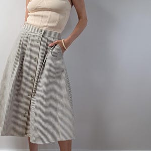 Summer High-Waisted Green Striped Cotton Midi Skirt Vintage with Front Buttons