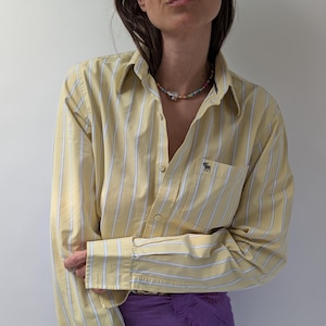 Vintage Abercrombie Yellow Striped Shirt - Women&#39;s Minimalist Cotton Long Sleeve Blouse