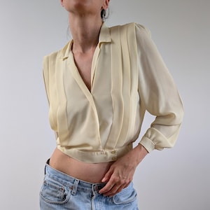 Vintage Butter Yellow Pleated Blouse – 80s Long Sleeve Button Waist Blouse with Shoulder Detail by Canda