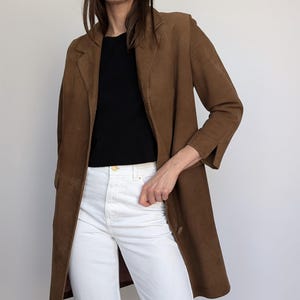 Dark Brown Women&#39;s Long Suede Leather Jacket Vintage Style Retro Outerwear Fall Coat