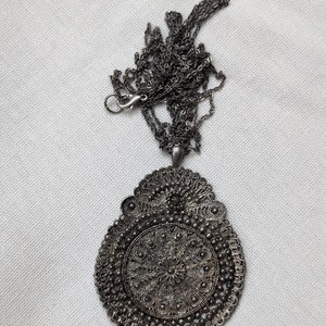 Long Chain Silver Filigree Medallion Necklace with 3 Strands - Ethnic Jewellery