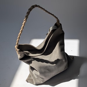 Leather Bucket Bag Olive-Grey Suede Leather Shoulder Crossbody Bag for Women Casual Everyday Purse