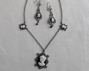Vintage Resin Cameo Necklace and Earrings Set, 1990s Silver Tone Victorian Revival