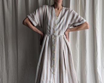 Vintage 80s Striped Beige White Midi Dress - Retro Summer Fashion