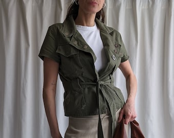 Khaki Safari Style Cotton Jacket with Belt and Short Sleeves