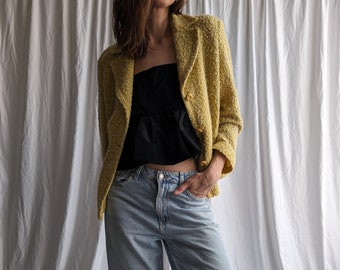 Damen Vintage Wolle Senf Einreiher Blazer Jacke