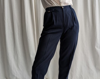 High-Waist Vintage Navy Pleated Cotton Trousers