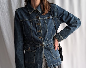 Vintage Blue Denim Safari Jacket - Women's Collared Button Down Spring Coat