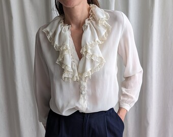 Elegant Off-White Ruffle Collar Button-Down Blouse for Women