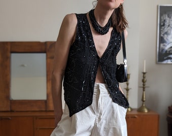 Vintage Black Beaded Embroidered Waistcoat Vest for Women