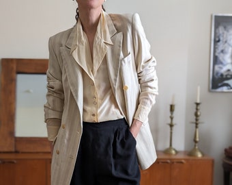 Elegant Cream Striped Women's Blazer - Vintage Wool & Silk Chic Tailored Jacket