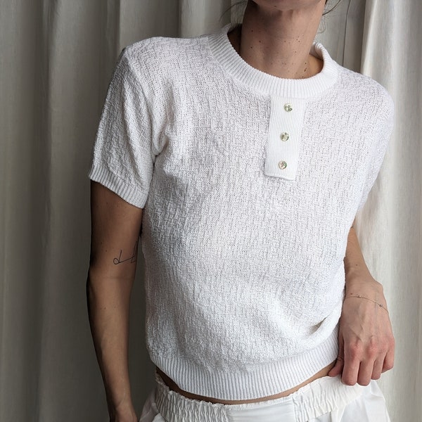 White Knit Short Sleeves T-Shirt 80's Style