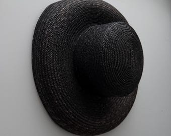 Black Oversized Straw Hat, Wide Brim Gothic Sun Hat, Vintage Y2K Floppy Beach Statement, Size S-M