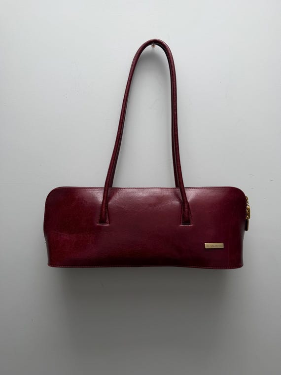 Leather Shoulder Bag, Burgundy Baguette Slim Minimal Accessory, Vintage 90s Y2K