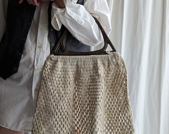 Vintage 80s Tan Crochet Handbag with Top Handle