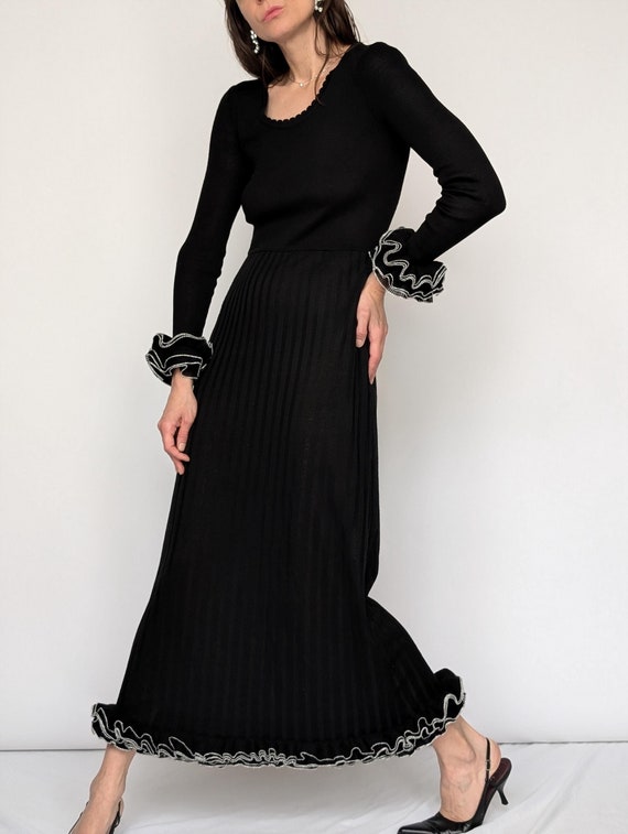1980's Long Black Wool Knit Maxi Dress with Ruffle Cuffs and Trim