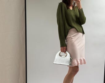 Ruffle Hem Skirt Pink Y2K Vintage Fitted Blush Frill Bottom Skirt — Fits UK 10-12 / EU 38-40 / US 6-8