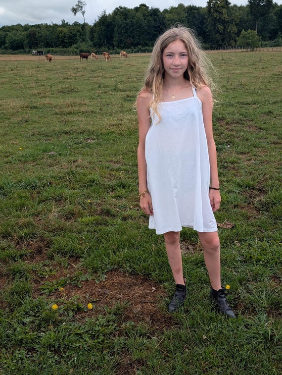 cotton slip dress nightgown Vintage White Cotton Slip Dress With Embroidery – Cottagecore Minimalist –  Handmade French Antique Nightgown - Size M