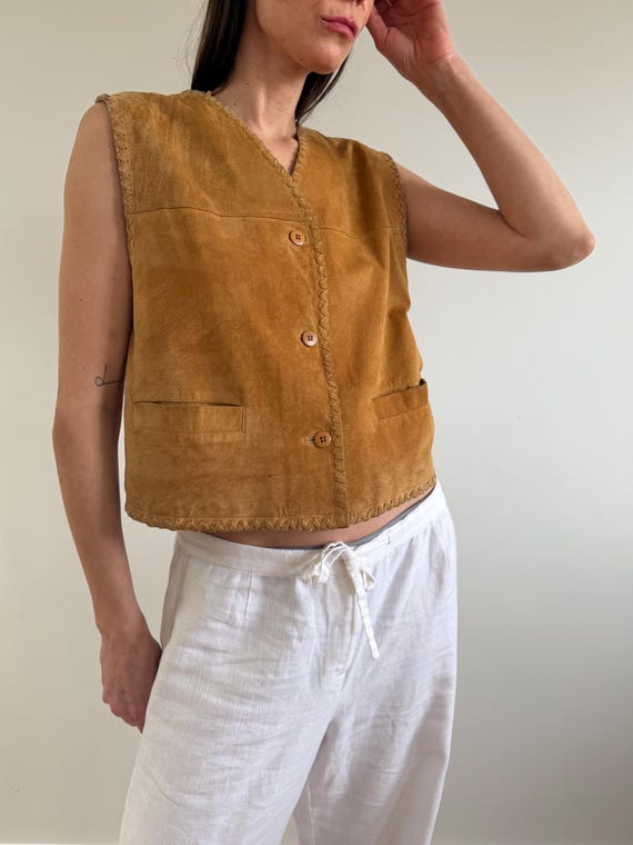 Western Suede Leather Vest, 90s Vintage Tan Waistcoat, Size M-L