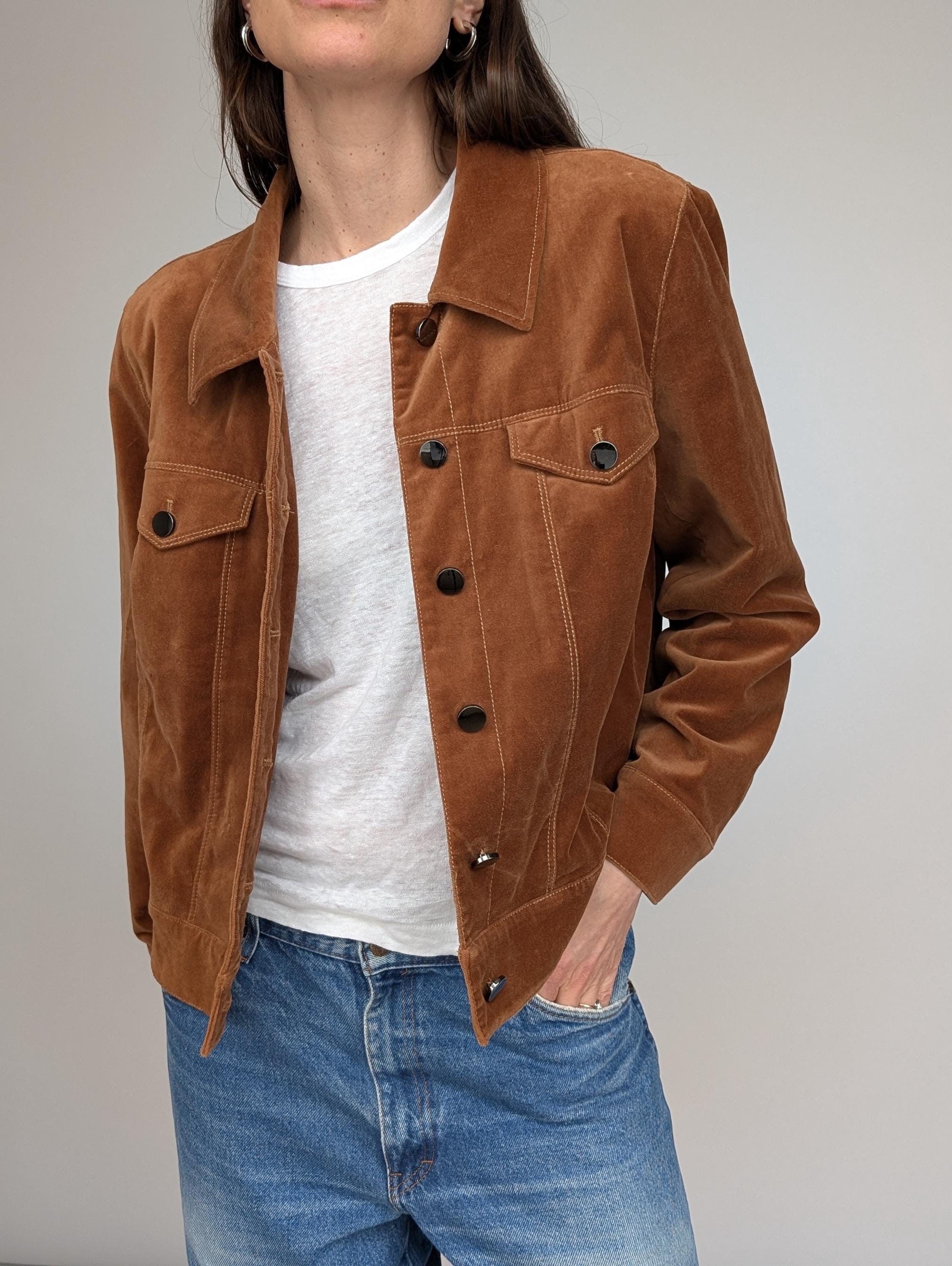 Vintage Brown Velvet Jacket – Classic Denim Western Trucker Jacket
