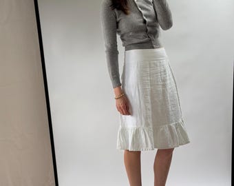 White Linen Cotton Slip Skirt, Ruffle Lace Hem Cottagecore Underskirt, Flowy Vintage Slip, UK 12–14 | EU 40–42 | US 8–10