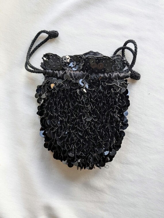 Black Sequin Pouch Evening Bag Drawstring Mini Sh… - image 7