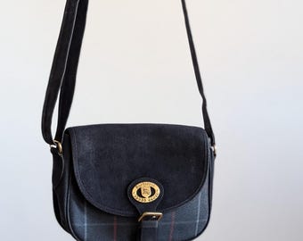 Vintage Navy Burberry Checkered Leather Sling Bag with Gold Accents