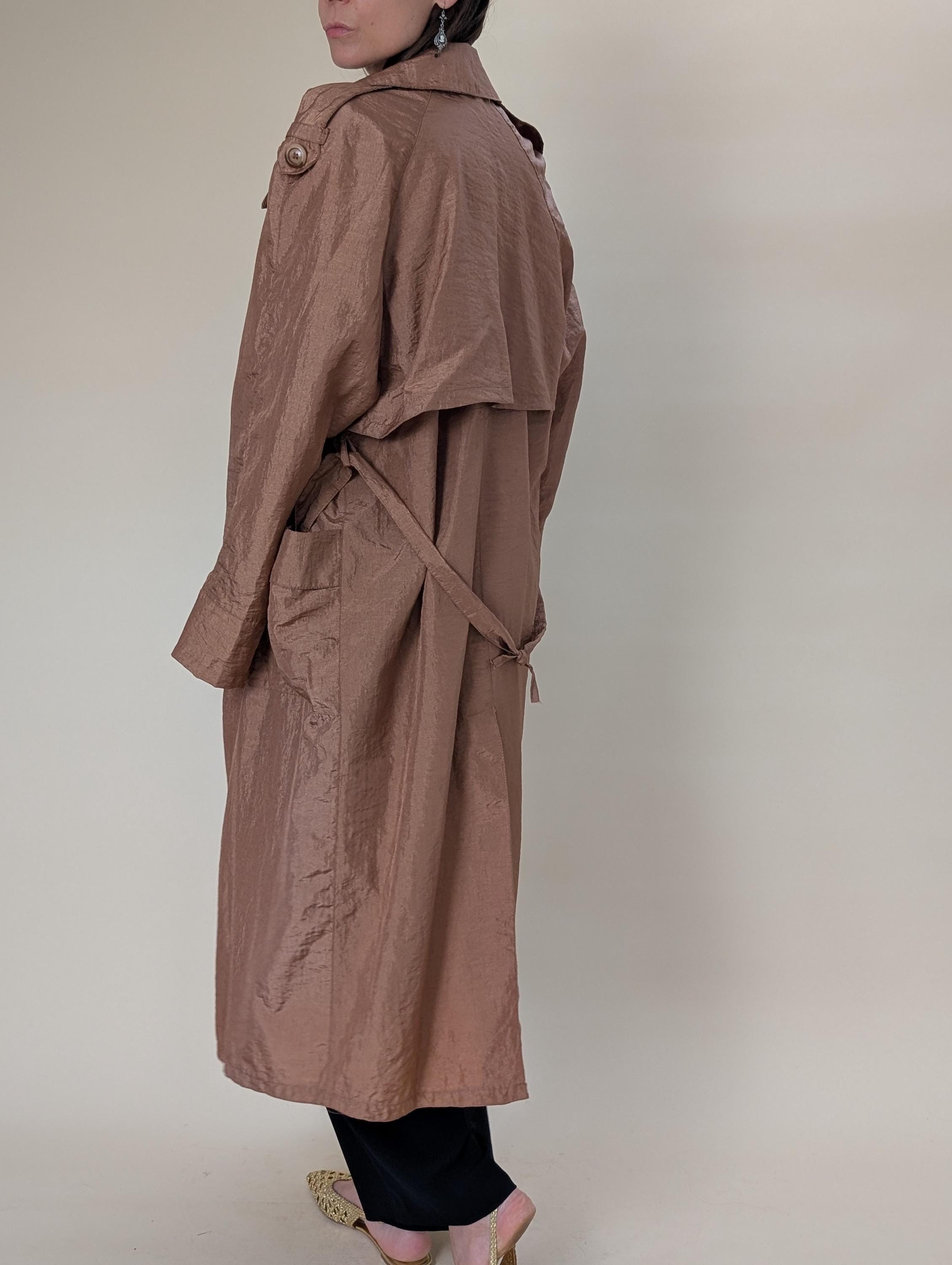 Nylon Trench Coat 1980s Vintage Belted Metallic Brown Raincoat