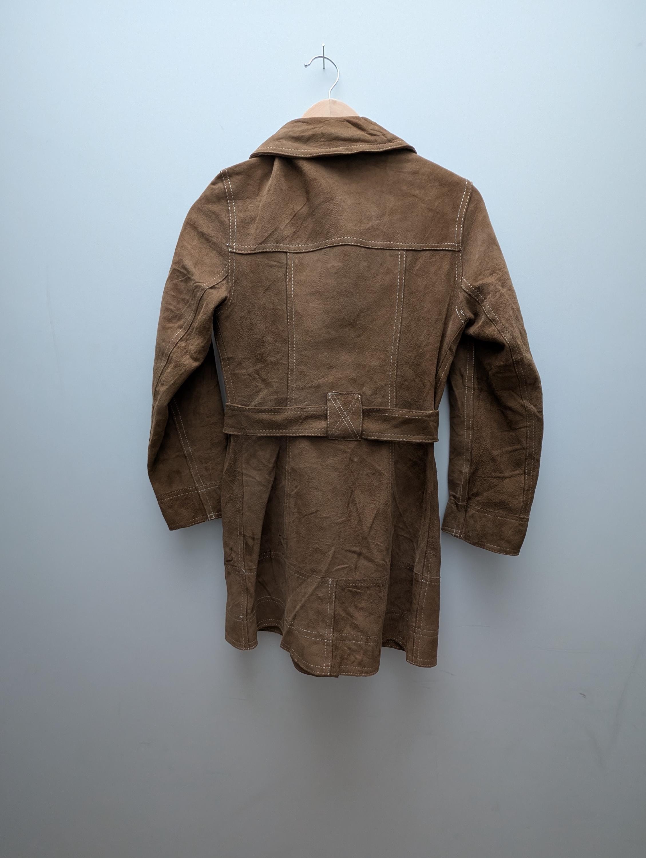 Beige Faux Leather Suede Jacket Mid Length Belted — 1970s Vintage